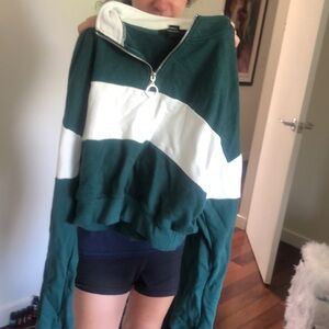 preppy green and white striped quarter zip